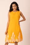 Ewoke_Yellow Hemp Embroidery Round Neck Floral Border Sheath Dress _Online_at_Aza_Fashions
