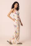 Buy_Ewoke_White Hemp Square Neck Petal Pop Print Jumpsuit 