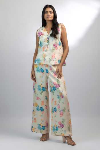 Ewoke_White Hemp Embroidery V-neck Botanical Print Shirt And Pant Set _Online_at_Aza_Fashions