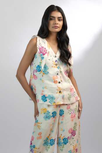 Shop_Ewoke_White Hemp Embroidery V-neck Botanical Print Shirt And Pant Set _Online_at_Aza_Fashions