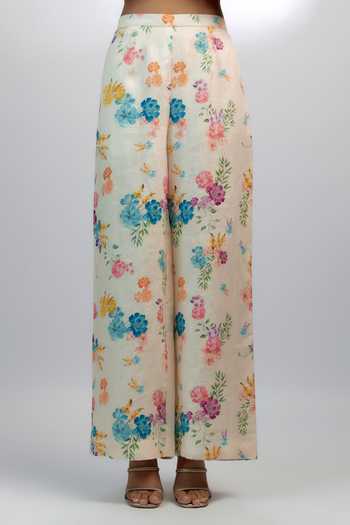 Ewoke_White Hemp Embroidery V-neck Botanical Print Shirt And Pant Set _at_Aza_Fashions