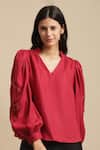Ewoke_Red Hemp Embroidery Collared Sleeve Top _Online_at_Aza_Fashions