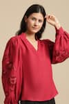 Shop_Ewoke_Red Hemp Embroidery Collared Sleeve Top _Online_at_Aza_Fashions