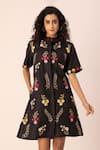 Buy_Ewoke_Black Hemp Embroidery Mandarin Collar Zimmer Floral Shirt Dress _at_Aza_Fashions