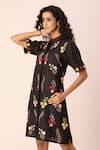 Shop_Ewoke_Black Hemp Embroidery Mandarin Collar Zimmer Floral Shirt Dress _Online_at_Aza_Fashions