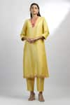 Buy_EWOKE_Yellow Handloom Khadi Embroidery French Knots Floral Neckline Kurta And Pant Set _at_Aza_Fashions