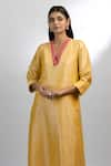 EWOKE_Yellow Handloom Khadi Embroidery French Knots Floral Neckline Kurta And Pant Set _Online_at_Aza_Fashions