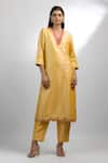 Buy_EWOKE_Yellow Handloom Khadi Embroidery French Knots Floral Neckline Kurta And Pant Set _Online_at_Aza_Fashions