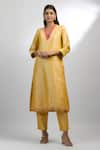 Shop_EWOKE_Yellow Handloom Khadi Embroidery French Knots Floral Neckline Kurta And Pant Set _Online_at_Aza_Fashions