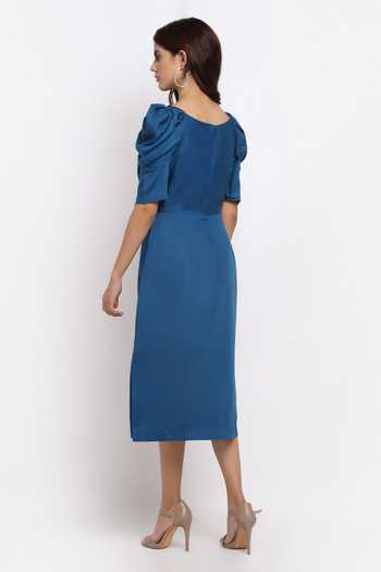Shop_Ewoke_Blue Tencel V-neck Viola Knotted Dress _at_Aza_Fashions