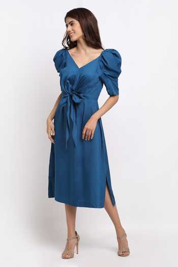 Ewoke_Blue Tencel V-neck Viola Knotted Dress _Online_at_Aza_Fashions