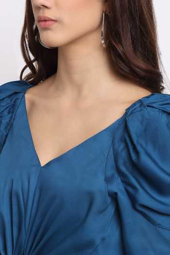Buy_Ewoke_Blue Tencel V-neck Viola Knotted Dress _Online_at_Aza_Fashions