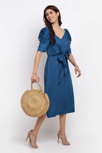 Shop_Ewoke_Blue Tencel V-neck Viola Knotted Dress _Online_at_Aza_Fashions