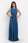 Buy_Ewoke_Blue Tencel Round Neck Behave Front Knotted Dress _at_Aza_Fashions