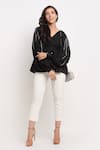 Buy_Ewoke_Black Tencel Crystals, Beads V-neck Glass Sleeve Embroidered Top _at_Aza_Fashions