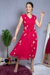 Buy_Ewoke_Red Pearls V-neck Embroidered Knot Dress _at_Aza_Fashions