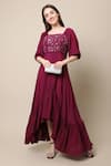 Buy_Ewoke_Wine Crepe Crystals, Glitter, Beads Hand Embroidered Asymmetric Ruffle Dress _at_Aza_Fashions