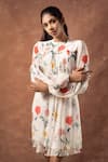 EWOKE_White Crepe Printed Floral Closed Round Straight Dress _Online_at_Aza_Fashions