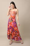 Buy_EWOKE_Orange Crepe Printed Flower Square Asymmetric Dress _at_Aza_Fashions