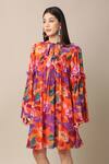 Buy_EWOKE_Orange Crepe Printed Flower Tie Up Bloom Dress _Online_at_Aza_Fashions