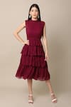 Buy_Ewoke_Wine Georgette Embroidery High Neck Asymmetric Tiered Dress _at_Aza_Fashions