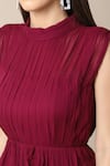 Ewoke_Wine Georgette Embroidery High Neck Asymmetric Tiered Dress _at_Aza_Fashions