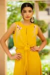 EWOKE_Yellow Crepe Embroidered Floral Round Jumpsuit _Online_at_Aza_Fashions