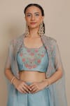 Buy_Nemaani_Blue Blouse And Pant Chanderi Silk Embroidered Dori U-neck Cape & Sharara Set _Online_at_Aza_Fashions