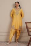 Buy_Nemaani_Yellow Kurta Chanderi Silk Embroidered Dori Notched With Dhoti Pant _Online_at_Aza_Fashions