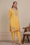 Shop_Nemaani_Yellow Kurta Chanderi Silk Embroidered Dori Notched With Dhoti Pant _at_Aza_Fashions