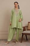 Buy_Nemaani_Green Kurta Chanderi Silk Embroidered Dori Notched A-line Salwar Set _at_Aza_Fashions