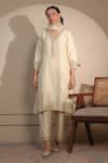 Buy_Nemaani_Ivory Kurta And Pant Chanderi Silk Embroidered Dori V-neck Thread A-line Set _at_Aza_Fashions