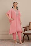 Nemaani_Pink Kaftan And Pant Chanderi Silk Embroidered Dori Notched Floral With _Online_at_Aza_Fashions