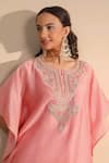 Shop_Nemaani_Pink Kaftan And Pant Chanderi Silk Embroidered Dori Notched Floral With _Online_at_Aza_Fashions