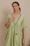 Shop_Nemaani_Green Kaftan And Pant Chanderi Silk Embroidered Dori Blunt-v Floral With _at_Aza_Fashions