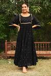 Buy_Almaari by Pooja Patel_Black Anarkali Soft Chanderi Embroidered Mirror Boat Neck Gulmohar Tiered Set _at_Aza_Fashions