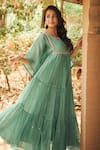 Buy_Almaari by Pooja Patel_Green Anarkali Soft Chanderi Embroidered Mirror Boat Neck Gulmohar Set _Online_at_Aza_Fashions