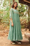 Shop_Almaari by Pooja Patel_Green Anarkali Soft Chanderi Embroidered Mirror Boat Neck Gulmohar Set _Online_at_Aza_Fashions