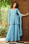 Buy_Almaari by Pooja Patel_Blue Anarkali Soft Chanderi Embroidered Mirror V Neck Kumud Kurta Sharara Set _at_Aza_Fashions