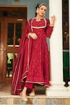 Buy_Almaari by Pooja Patel_Red Anarkali Soft Chanderi Embroidered Mirror Key-hole Parijat Scattered Set _at_Aza_Fashions