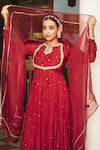 Shop_Almaari by Pooja Patel_Red Anarkali Soft Chanderi Embroidered Mirror Key-hole Parijat Scattered Set _Online_at_Aza_Fashions