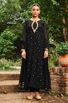 Buy_Almaari by Pooja Patel_Black Anarkali Soft Chanderi Embroidered Mirror Deep Key-hole Banful Set _at_Aza_Fashions