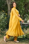 Almaari by Pooja Patel_Yellow Anarkali Soft Chanderi Embroidered Mirror V Neck Basanti Set _Online_at_Aza_Fashions