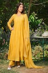 Buy_Almaari by Pooja Patel_Yellow Anarkali Soft Chanderi Embroidered Mirror V Neck Basanti Set _at_Aza_Fashions