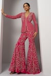 Buy_Charu and Vasundhara_Pink Net Hand Embroidery Trellis Plunging Neck Vahin Blazer With Sharara _at_Aza_Fashions