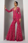 Charu and Vasundhara_Pink Net Hand Embroidery Trellis Plunging Neck Vahin Blazer With Sharara _Online_at_Aza_Fashions