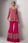 Buy_Charu and Vasundhara_Pink Net Hand Embroidery Trellis V Neck Valma Layered Work Jacket With Sharara _at_Aza_Fashions