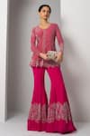 Charu and Vasundhara_Pink Net Hand Embroidery Trellis V Neck Valma Layered Work Jacket With Sharara _Online_at_Aza_Fashions