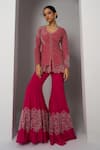 Buy_Charu and Vasundhara_Pink Net Hand Embroidery Trellis V Neck Valma Layered Work Jacket With Sharara _Online_at_Aza_Fashions