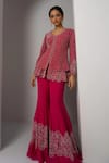 Shop_Charu and Vasundhara_Pink Net Hand Embroidery Trellis V Neck Valma Layered Work Jacket With Sharara _Online_at_Aza_Fashions